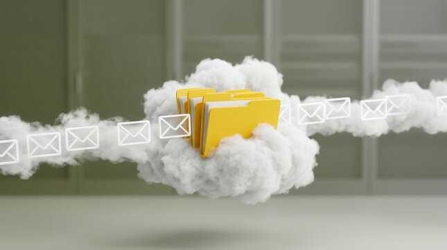Cloud computing concept with yellow folders in white clouds and 3D email icons.