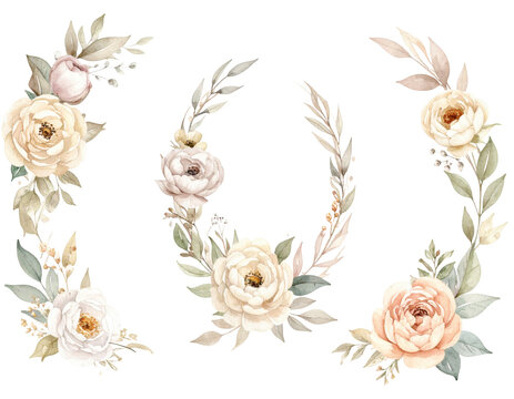 Watercolor set of flower wreaths with neutral flowers and leaves Arrangement for gre