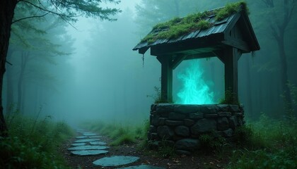 Obraz premium Stone path leads to old well in foggy forest. Bright blue magic energy glows from well interior. Mysterious natural landscape with ancient trees and mossy roof.
