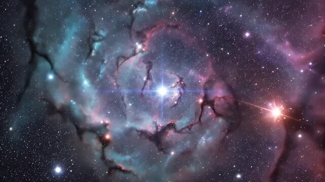 Vibrant Ring-Shaped Emission Nebula with Turquoise and Pink Gas Clouds Illuminated by Distant Stars