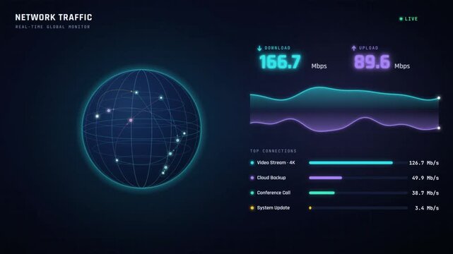 Real-time network traffic dashboard with glowing globe and live download upload speed monitor