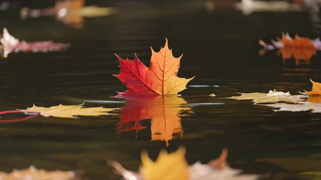 Macro slow motion of autumn leaves floating on calm dark stream