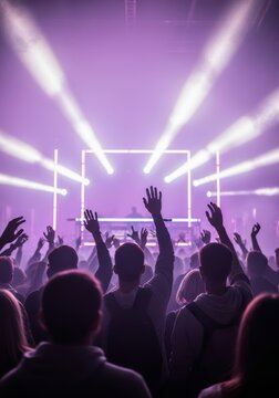 Crowd of man and woman cheering at music concert with laser light. Energetic performance on stage in club. Nightlife, entertainment and youth party atmosphere with raised hand.