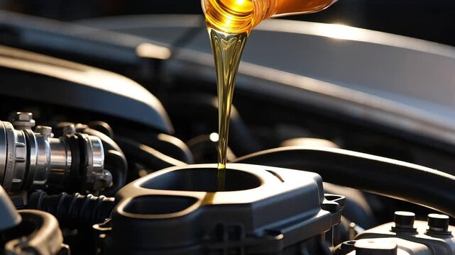 Pouring fresh engine oil into car engine