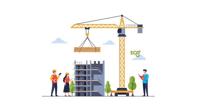 Sustainable Construction Site Concept with Eco-Friendly Building, Tower Crane, and Engineers