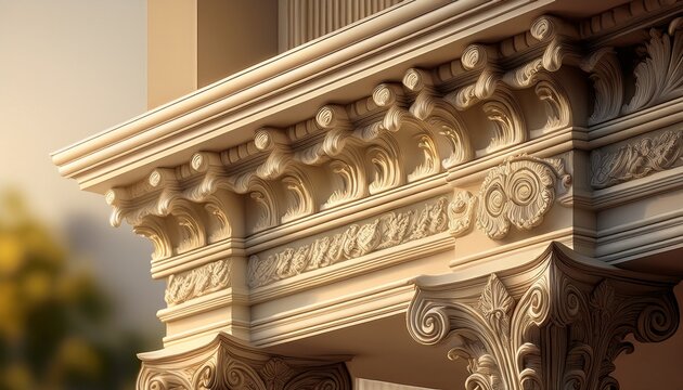 classical architecture cornice featuring conical guttae details under soft window light