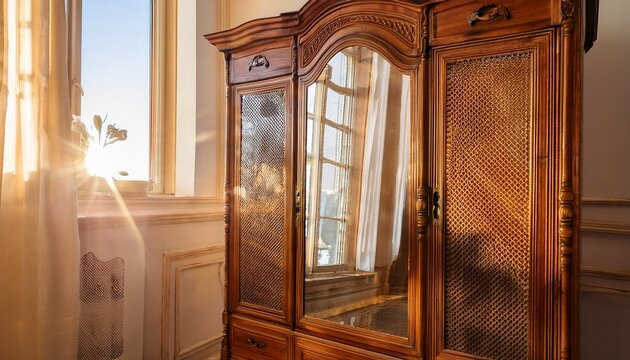 vintage wooden armoire with ornate mirror polished surface in warm golden light