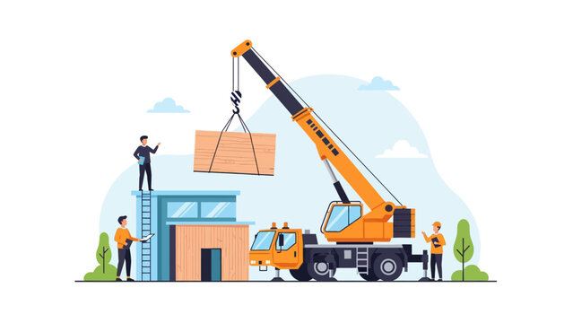Mobile Crane Lifting Prefabricated House Module with Construction Workers Vector Illustration