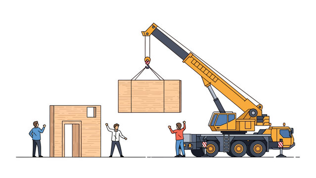 Mobile Crane Lifting CLT Timber Panel on Construction Site with Workers Vector Illustration