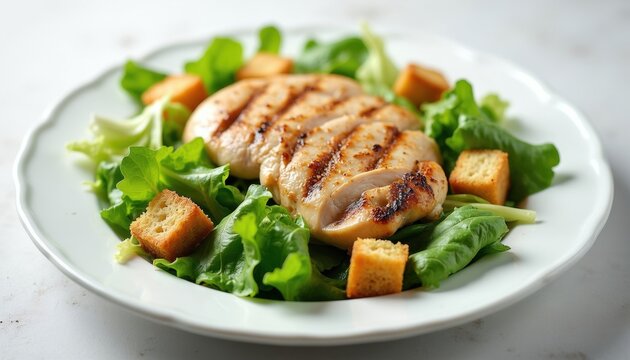 Grilled chicken breast served on fresh lettuce with croutons on white plate. Tasty Caesar salad offers protein and greens for a healthy meal. Appetizing dish prepared for lunch or dinner.