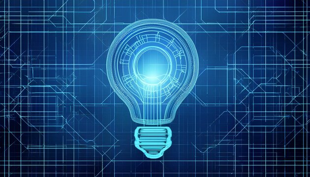 blueprint of bulb lamp concept of design thinking innovation new creative idea business solution inspiration new begining and brainstorming abstract technology background in blue color