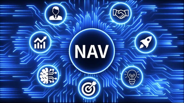 NAV icon surrounded by smaller icons for ai manufacturing strategy. A glowing neon, and manufacturing process management all connected in a digital circuit like pattern, 4k video 