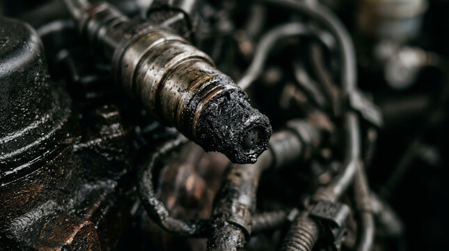 Dirty fuel injector tip covered in black carbon deposits. Close up of clogged engine component. Automotive maintenance and repair concept