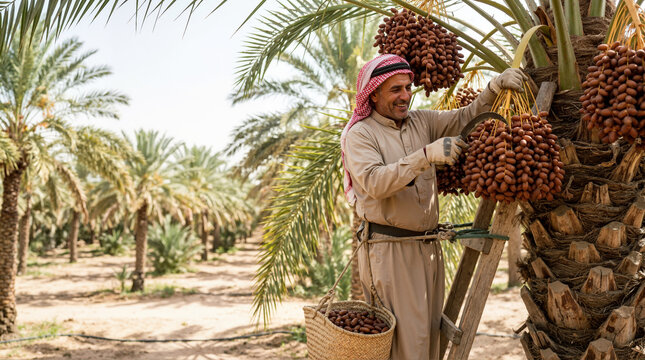 Middle Eastern farmer harvesting dates from a palm tree. Smiling Arab man in traditional keffiyeh on a wooden ladder in a sunny orchard. Traditional agriculture concept