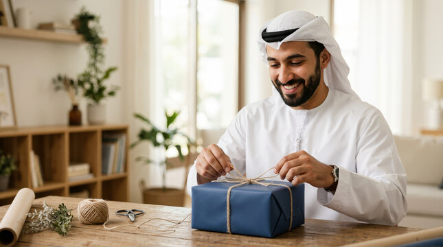 Smiling Arab man wrapping a gift box at a wooden table. Middle Eastern male in white ghutra and thobe tying twine on a blue present. Eid holiday preparation concept