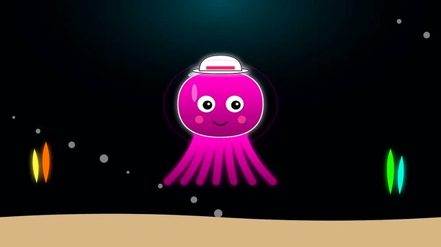 Animated pink octopuses wearing small hats float across dark waters resembling nautical charts during a festive celebration inspired by the spirit of columbus day events