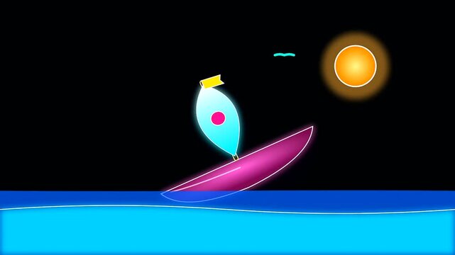 A stylized purple boat rocks upon gentle waves while nautical charts guide the journey as part of a columbus day celebration under a radiant sun