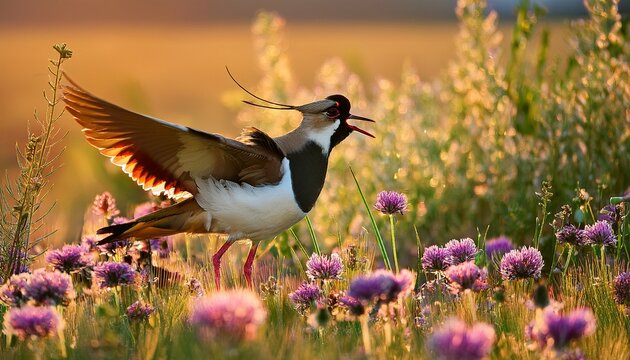lapwing calling from field with summer flowers in background