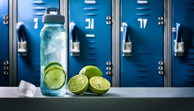 infused water bottle with lime and ice in gym locker room