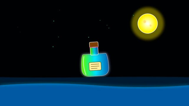 A glowing glass bottle floating above blue ocean waves during a dark night while referencing nautical charts as a symbol for a modern columbus day theme