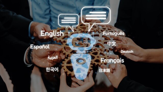 A visually appealing image showcasing diverse hands working together to symbolize communication and collaboration in various languages, emphasizing unity and teamwork. Raster