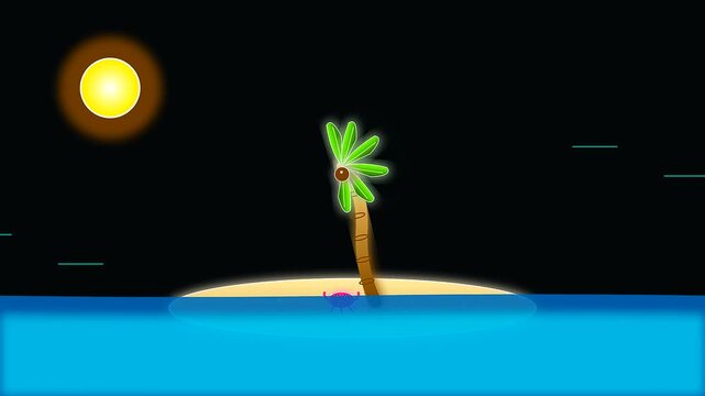 Minimalist island scenes with tropical vegetation and small crab silhouettes for columbus day navigation concepts using nautical charts on a vibrant flat blue ocean surface