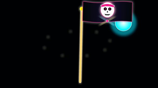 Three animated skull pirate flags waving in space while incorporating columbus day maritime themes and nautical charts within a dark digital art style motion graphic composition