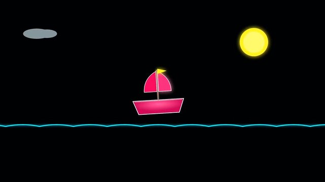 A sequence showing a simple boat sailing upon calm water under a night sky with nautical charts visible nearby to celebrate the spirit of columbus day