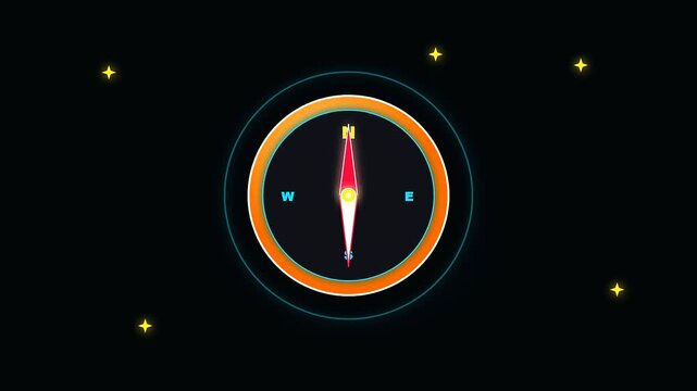 rotating magnetic compass needles displayed in sequence for nautical charts usage during a festive columbus day celebration featuring stylized glowing icons on a dark screen