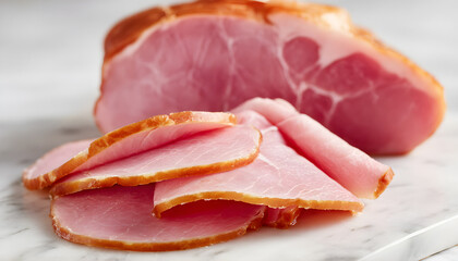 Obraz premium Close-up of pink ham slices on white surface