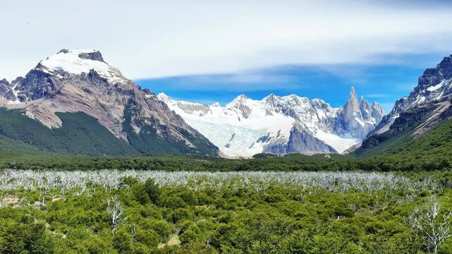 Scenic view of Cerro Torre mountain range from the Laguna Torre hiking trail near El Chalten, Argentina