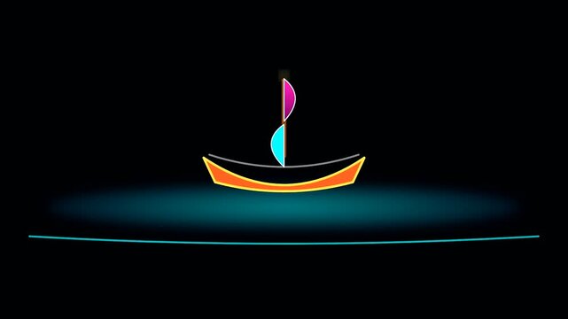 Neon illuminated paper boat animation sailing across simulated nautical charts during columbus day celebration featuring rhythmic movement and glowing aesthetic light structures on a dark canvas