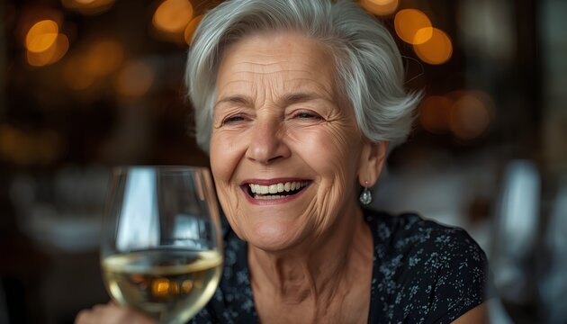 Portrait of a smiling elderly woman enjoying a glass of champagne