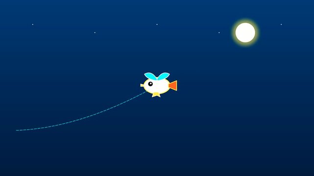 Minimalist graphic animation of a yellow creature swimming across a dark void while resembling nautical charts meant for navigation during a festive columbus day celebration