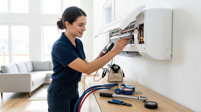 Female HVAC technician testing a mini split air conditioner. Professional woman using a digital multimeter on an open indoor cooling unit