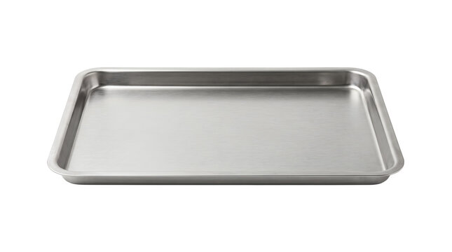 Stainless steel baking sheet, empty rectangular metal oven tray, professional aluminum kitchenware for roasting and cookies isolated on white background