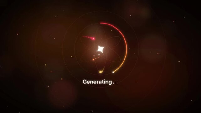 Glowing orange AI spark with orbiting particles and circular loader ring on dark Generating screen