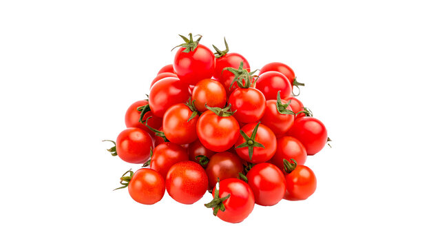 A pile of fresh ripe red cherry tomatoes isolated on transparent background