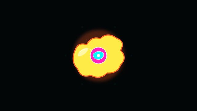 Abstract yellow glowing organic shapes pulse with bright neon eyes as if navigating columbus day nautical charts through an ethereal dark void in rhythmic motion