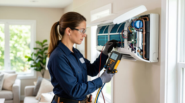 Female HVAC technician diagnosing a mini split air conditioner. Professional woman using a digital manifold gauge and testing electrical components