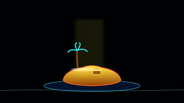 Minimalist island animation sequence showing an explorer following nautical charts while searching for land during columbus day voyages in a digital graphic vector style motion