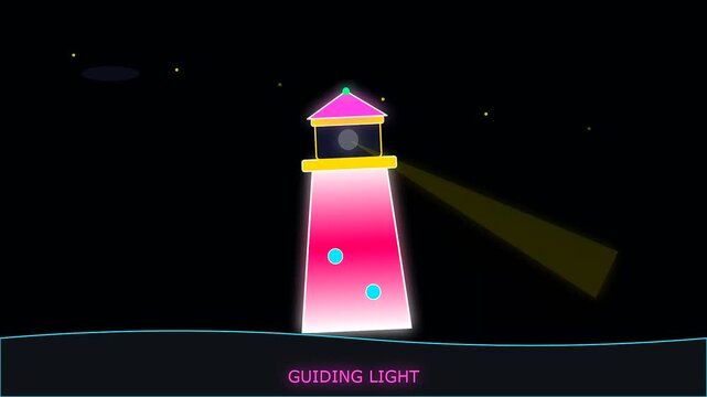 a rotating lighthouse scanning nautical charts for columbus day as the beam of bright yellow light cycles through the dark night over the vast ocean water