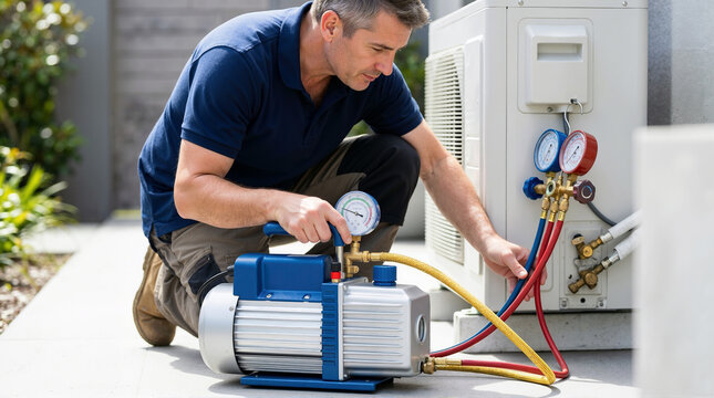 Male HVAC technician using a vacuum pump and manifold gauge on an outdoor air conditioner compressor. Professional worker servicing a residential cooling system