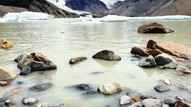 Panoramic view of Laguna Torre and Cerro Torre mountains in Argentinian Patagonia