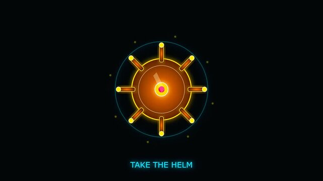 a futuristic glowing steering wheel interface rotates smoothly while displaying complex nautical charts as if navigating during an immersive experience similar to an old columbus day voyage