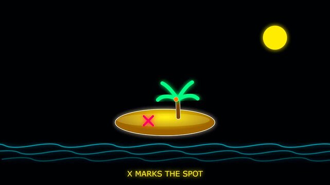 Minimalist island graphic sequence showing a palm tree on sandy terrain as navigation marker for columbus day nautical charts in a dark creative digital illustration