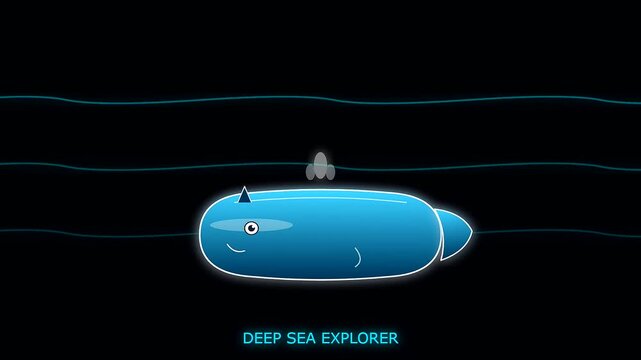 A blue animated submarine navigates dark waters like nautical charts while traveling in motion sequences that evoke the spirit of exploration for columbus day festivities