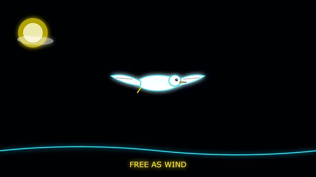 Minimalist digital animation featuring white birds in flight resembling nautical charts motifs as a metaphor for columbus day journeys across a dark glowing horizon line