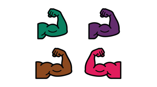 Muscle Flexes in Four Colors: A collection of four stylized flexing arm icons, each rendered in a different vibrant color, symbolizing strength and power in a graphic representation.