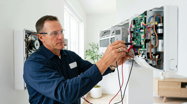 Male HVAC technician testing air conditioner circuit board with multimeter. Professional repairman fixing indoor mini split AC unit during service appointment